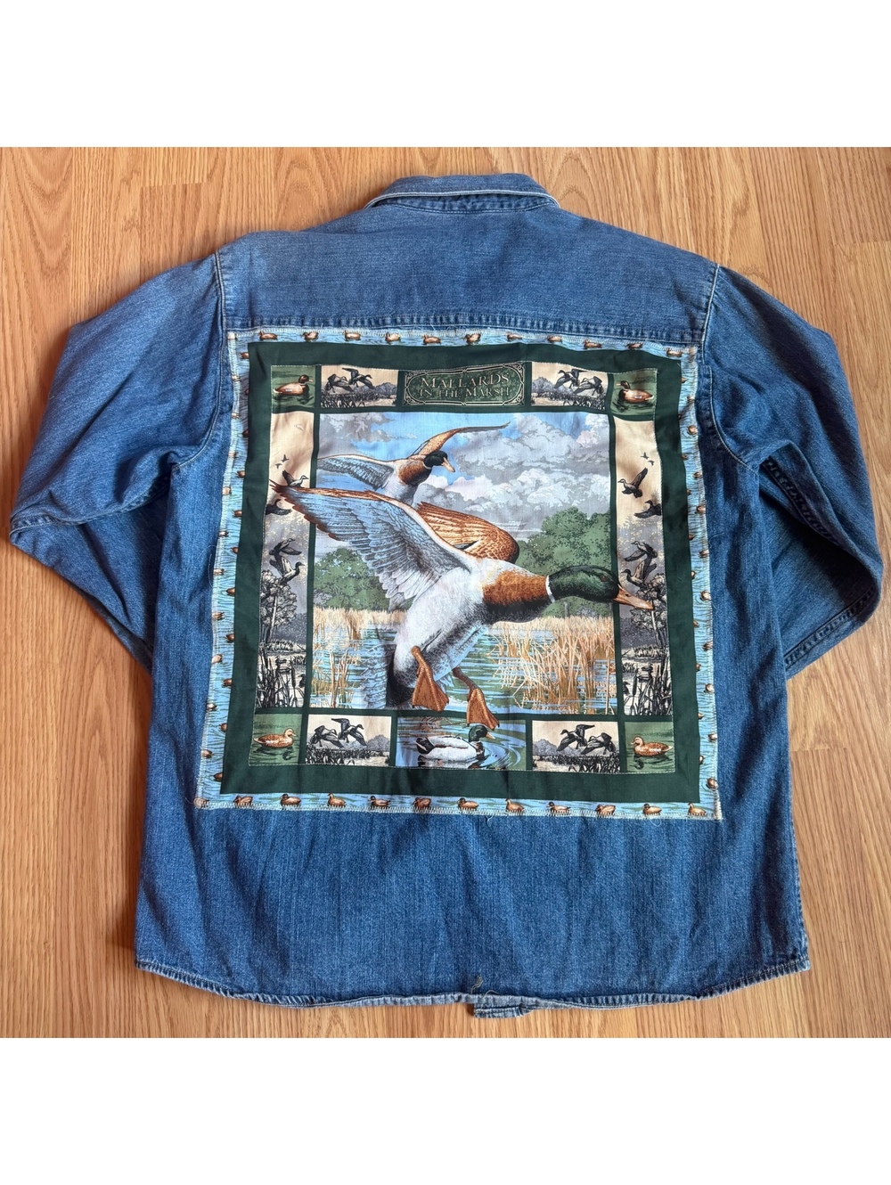 GH Bass Denim Cotton Button Up Shirt Mallard Ducks Upcycled Size Small